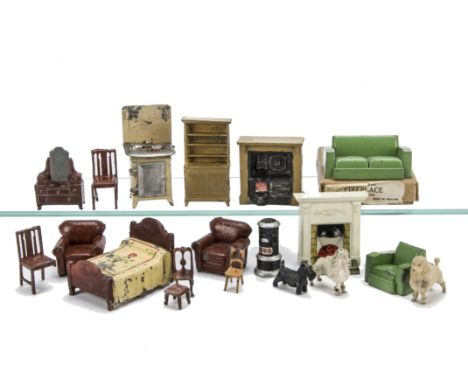 Lead  Dolls' House Items, Taylor & Barrett Fireplace, in original box (E, box G), pair of brown Charbens armchairs, Kew Modle