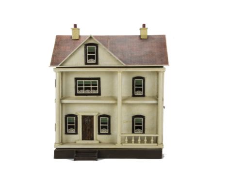 A G & J Lines Wooden No 37  Dolls' House,   painted cream with six tinplate windows, brown front door with lion head knocker,