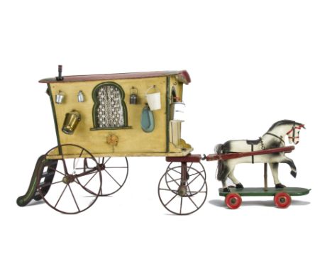 A G & J Lines Wooden Horse-drawn Gypsy Caravan,  painted yellow with red roof, green detail and yellow lining, front and rear