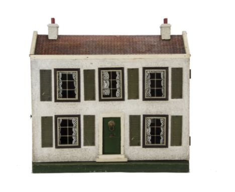 A Tri-ang Wooden  Dolls' House 1920s,  rough-cast with central green front door with lion head knocker and 'Letter' box, five