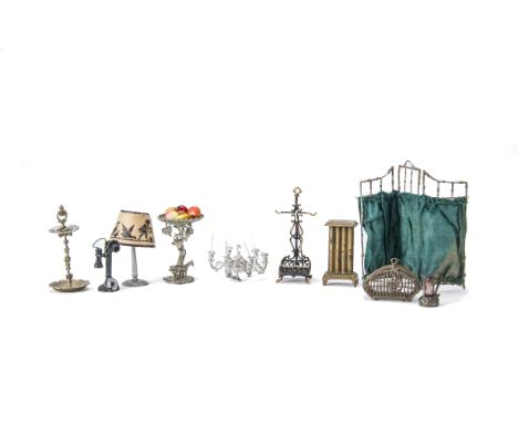 Metal  Dolls' House Chattels, including white metal table centre-piece fruit bowl with horse and tree base --2½in. (6cm.) hig