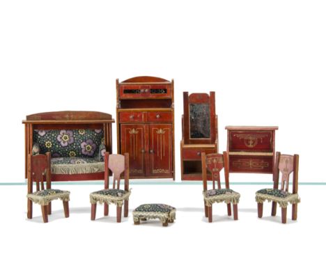 A German Art Nouveau  Dolls' House Set, red stained with gold transfer decoration comprising sofa, four chairs and foot stool