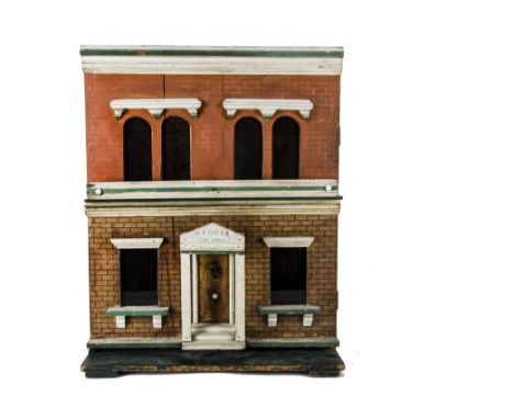 A G & J Lines No 4 boxed-back  Dolls' House,  childhood-named Marcia Cottage and Monica Cottage, brick upper and stone lower 