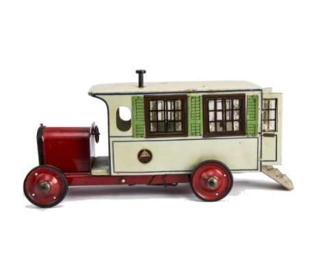 A Triangtois  Dolls' House Motor Caravan 1930s,  with red painted steel bonnet, chassis and wheels with black rubber tyres, c