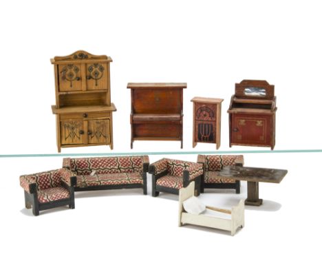 German  Dolls' House Furniture, pine dresser printed with Art Nouveau design --6in. (15cm.) high, red stained upright piano, 