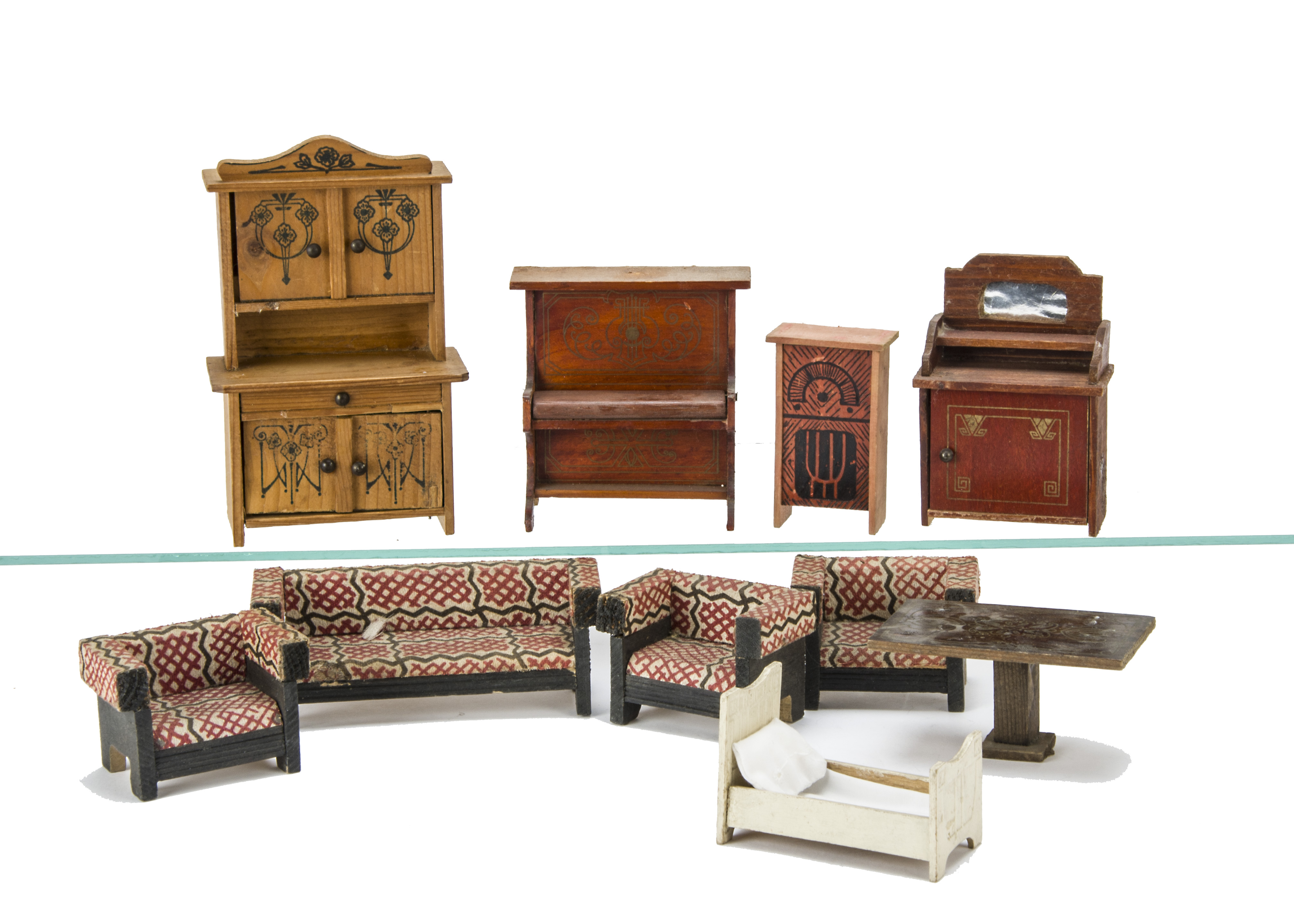 German Dolls' House Furniture, pine dresser printed with Art Nouveau