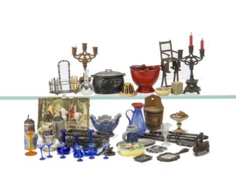  Dolls' House Chattels, two cast-metal steins with lids, tinplate hand mirror, plaster salads and Christmas pudding, red lead