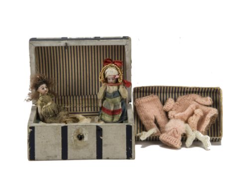 Two French all-bisque  Dolls' House Dolls,  both jointed at neck, shoulders and hips, blue painted eyes and boots, original c