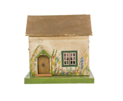 A Wooden  Dolls' House Cottage,  with plain wood front door with tinplate knocker, tinplate window, cream façade painted with