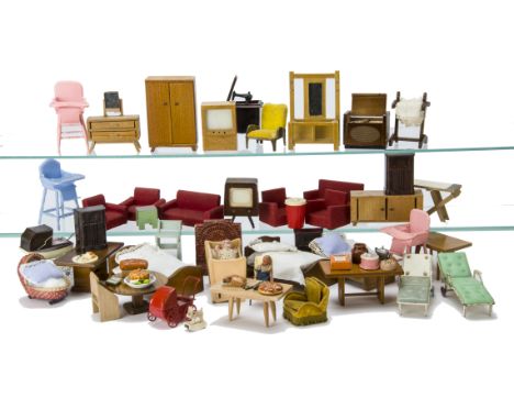 A quantity of post-war British  Dolls' House Furniture and Chattels,  including Dol-Toi bedroom and living room, two metal an