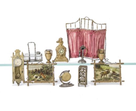 Metal  Dolls' House Chattels, gold-painted cast lead wall mounted clock with pendulum --3¾in. (9.5cm.) high, lead mantel cloc