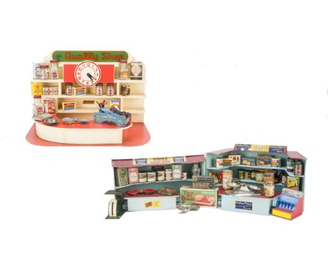 Toy Shops, Binbak The Quality Shop, cream-painted with clock --18in. (46cm.) wide, Di-Bro Little Shop-Keeper tinplate scales,