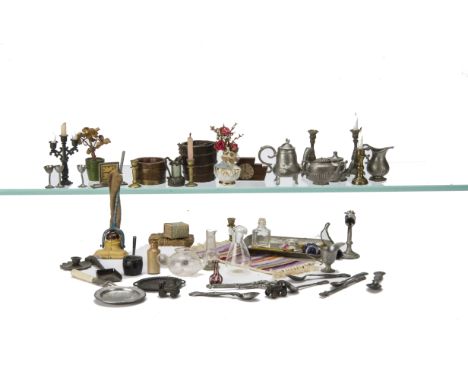  Dolls' House Chattels, pair of metal candlesticks, Taylor & Barrett vacuum cleaner, candlestick telephone, miniature playing