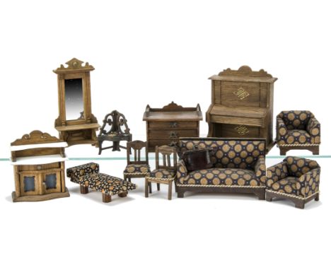 German  Dolls' House Furniture, an upholstered sofa, matching armchairs and two chairs, oak upright piano --5½in. (14cm.) hig