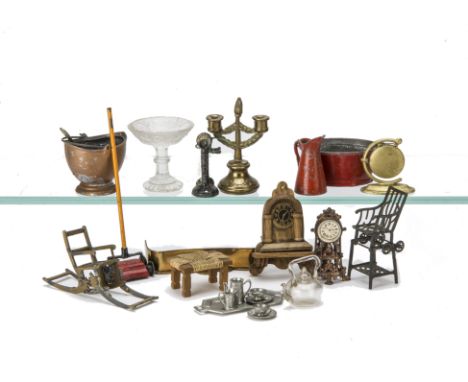  Dolls' House Chattels, cast metal Anfoe carpet sweeper, French penny toy convertible highchair, mantel clock and other items