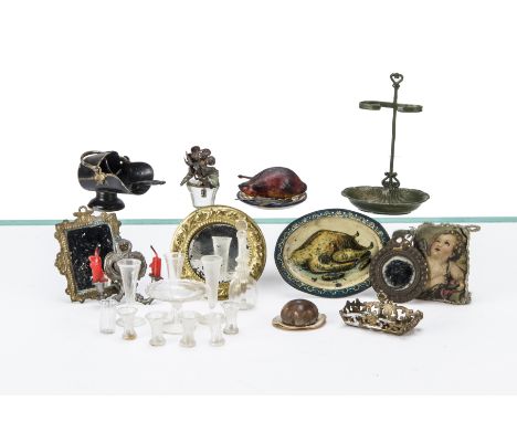 Interesting  Dolls' House Chattels, lithographed tinplate plate printed with roast chicken and sausages --2 7/8in. (7cm.) wid