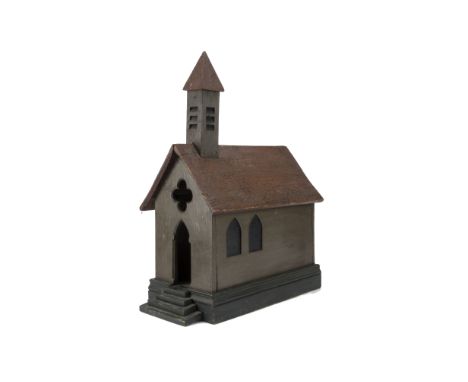 A hand-built Wooden Model of Church,  painted brown with red tiled roof, tower, spire and front step --26in. (66cm.) high - l