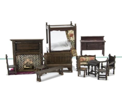 Elgin  Dolls' House oak finish Furniture, comprising four poster bed --6in. (15cm.) high fire place and overmantel with tinpl