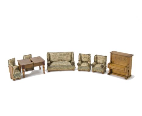 A German  Dolls' House Sitting Room Set, comprising floral printed upholstered sofa with brass lion heads --5¼in. (14cm.) wid