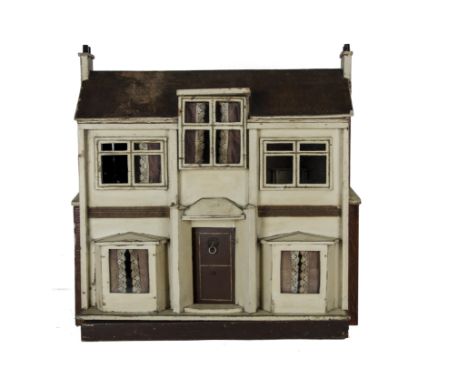 A G &amp; J Lines Dolls' House, cream-painted with gold lining, central brown front door with lion head knocker, bay window e