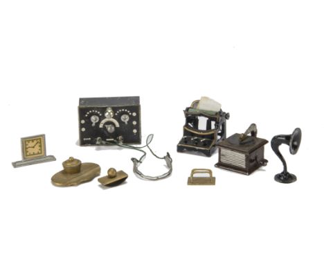 German metal  Dolls' House Chattels, comprising typewriter and gramophone, probably Plank; tinplate wireless receiver set and