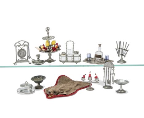 German metal  Dolls' House Chattels, knife stand, gong, fire side companion set, tray with glass Scotch bottle and two glasse