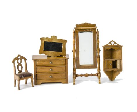 Schneegas embossed  Dolls' House Furniture, full length dressing mirror --7in. (17.5cm.) high (one foot replaced), chest of d