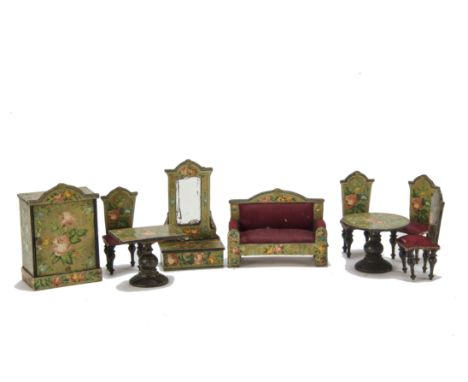 German chromolithographed paper-covered Wooden  Dolls' House Furniture, printed with roses and other flowers on gold ground, 