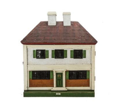 A Tri-ang Wooden  Dolls' House for W S Cowell Ltd 1920s,  rough-cast first floor, brick-paper ground floor façade, central gr