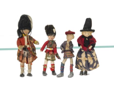 Four Grecon type  Dolls' House Celtic Dolls, Scottish boy --3¼in. (8cm.) high, two Scots Guards and Welsh woman (F-G)