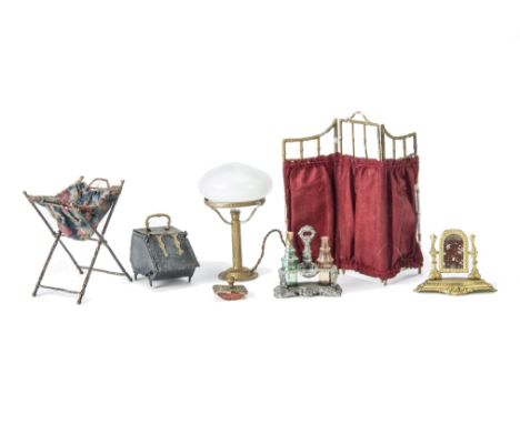 Metal  Dolls' House Chattels, gilt-metal dressing table mirror --2¼in. (5.5cm.) wide, similar blotter (tarnished), soft metal