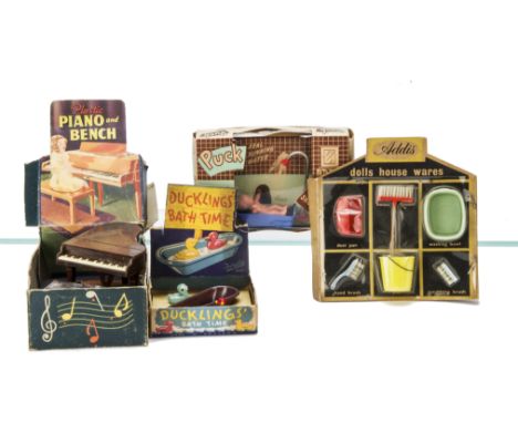 Plastic boxed  Dolls' House Items, Renwall plastic Piano and Bench, Puck Doll's Shower Bath, Fairylite Duckling Bath Time and