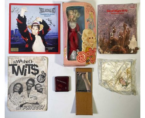 A good assortment of promotional memorabilia to inc: Adam Faith original handkerchief, Dolly Parton 12" poseable doll in box 