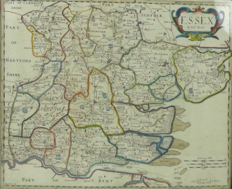 After Robert Morden (British,1650-1703): a late 17th century 1st edition map of Essex, copper plate, later hand-coloured, eng