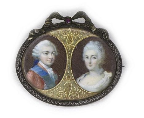 An unusual George III double portrait miniature in the form of a brooch, depicting George III and Charlotte, painted on ivory