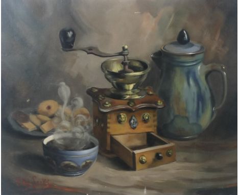 Edgar Locks (British, 20th century): a still life with jug, coffee grinder, coffee and biscuits, oil on canvas, signed lower 