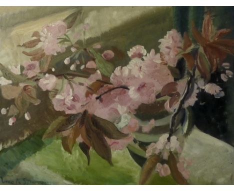 Vera Spencer (Czechoslovakian, b. 1926): a still life with pink flowers and foliage, oil on board, signed lower left, 35 by 4