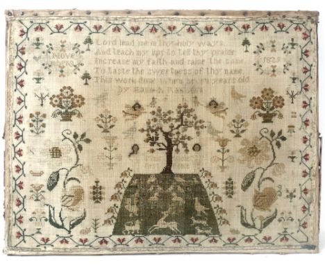 A George IV cross stitch embroidery sampler, with name, dated November 3rd 1829, with prayer above tree flanked by Adam and E