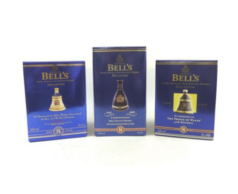 Three Bells whisky wade decanters, commemorating the Queen Elizabeth II, 50 years reign, 22.5cm high, Queen Elizabeth and The