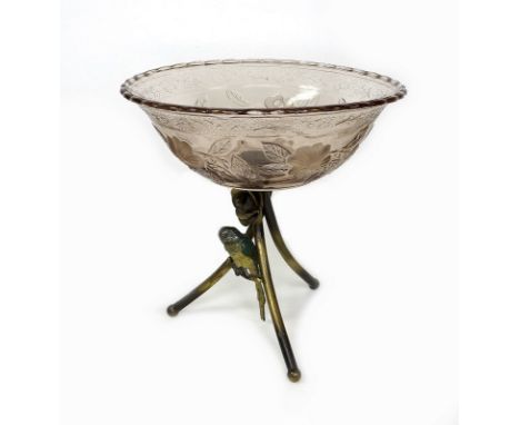 A 20th century centrepiece, the tripod legs with applied cold painted budgie, floral moulded dusky rose glass bowl above, 15 