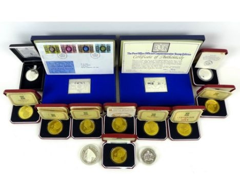 A collection of silver proof coins, including a Birmingham Mint 1977 silver proof coin medal and chain, a 1957 Sputnik I comm