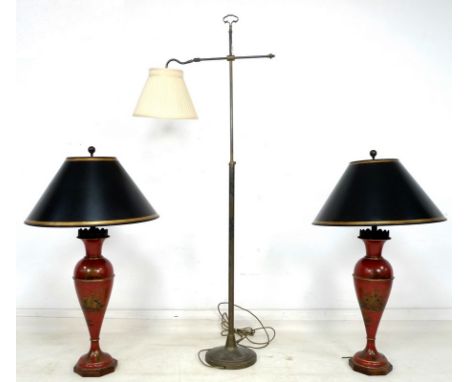 A pair of 20th century table lamps, the elongated baluster bodies with red Japanned style finish depicting ducks and foliage,