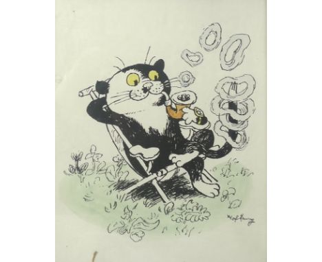 Gerard Hoffnung (German, 1925-1959): a cartoon of a cat smoking a pipe, with hand-coloured watercolour infill, signed lower r