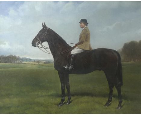 Robert Anscombe (British, 20th century): an equestrian portrait of Mrs Joan Gibson on horseback, oil on canvas, signed lower 