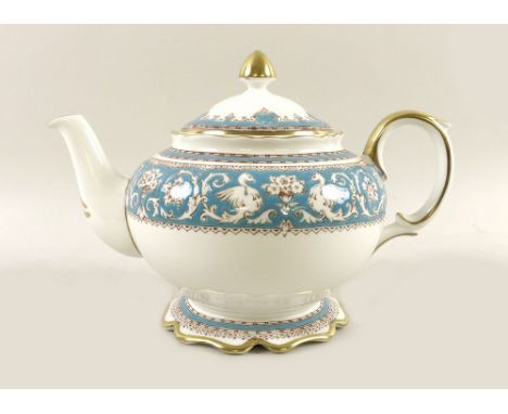 A Crown Staffordshire part dinner service in the Elesmere pattern, the blue celeste borders decorated with swans, roses and s