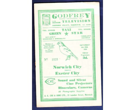 Norwich City Football Programme - 1954 (Sat. 6 Feb) Norwich City v Exeter City. Good, light vertical fold.