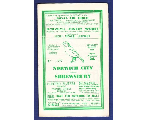 Norwich City Football Programme - 1951 (Sat. 8 Sept) Norwich City v Shrewsbury. (Light fold).