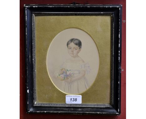 English School (19th century)Portrait of a Young Girl, Holding a basket of Flowerswatercolour, oval, 16cm x 12.5cmInscribed t