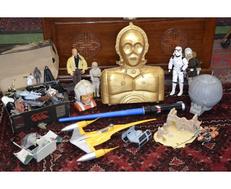 Star Wars - a C-3PO figure case; a light sabre; action figures; ships and vehicles; Slave 1, boxed;smaller  figures, collecto