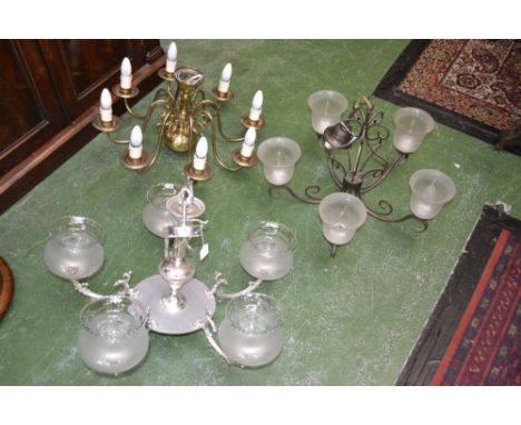 Lighting - a Victorian style five-branch chandelier; another, similar; etc (3)